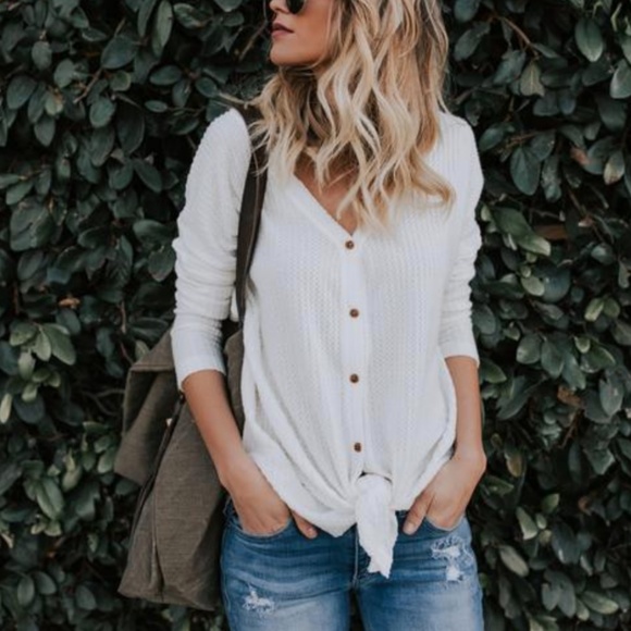 felicias Tops - White Button Up Waffle Knit Thermal